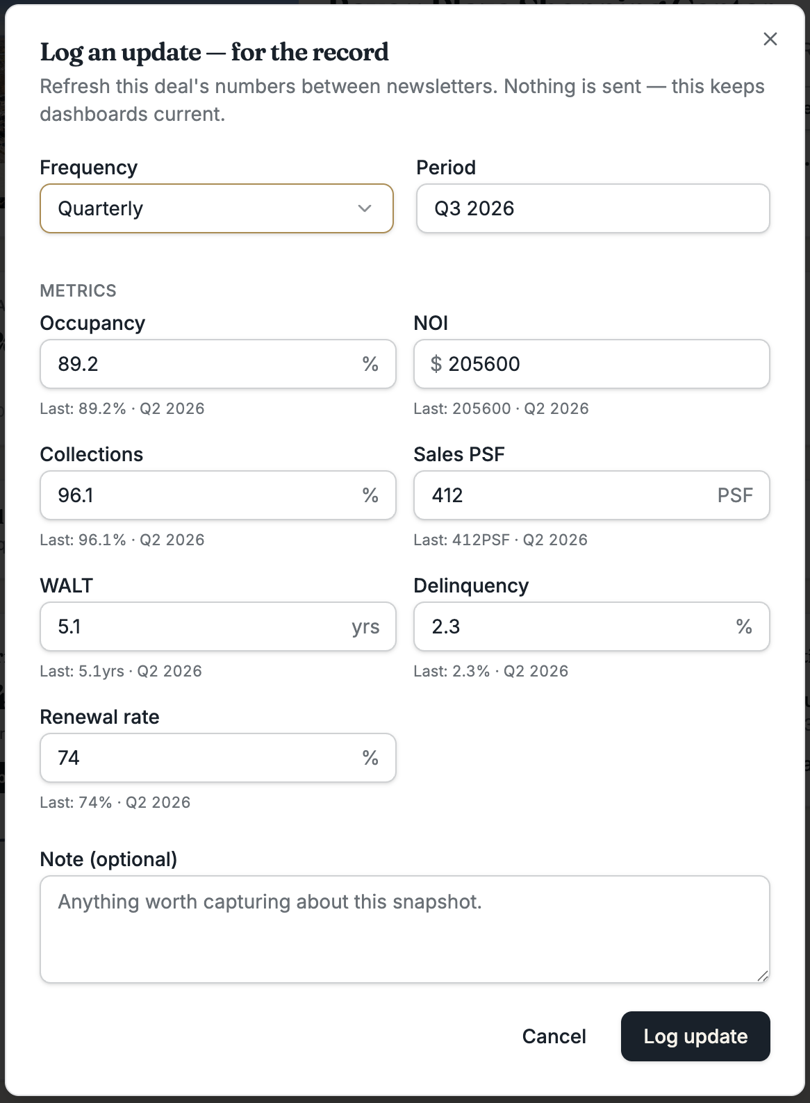 Foldout's log-an-update capture dialog for recording a deal's numbers between newsletters