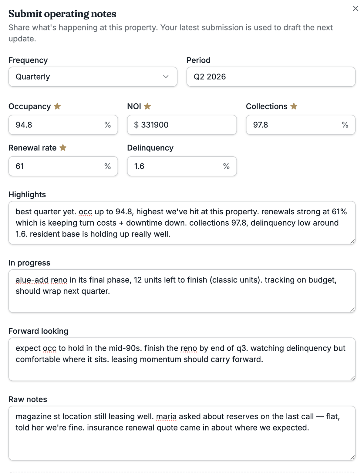 Foldout operating-notes intake form