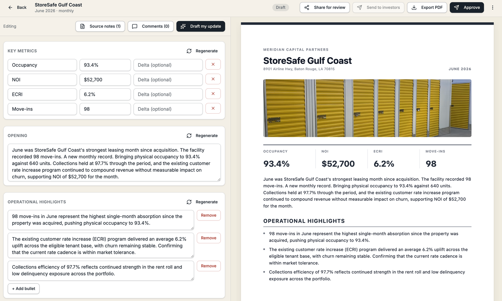 Foldout draft editor with the branded investor-update preview