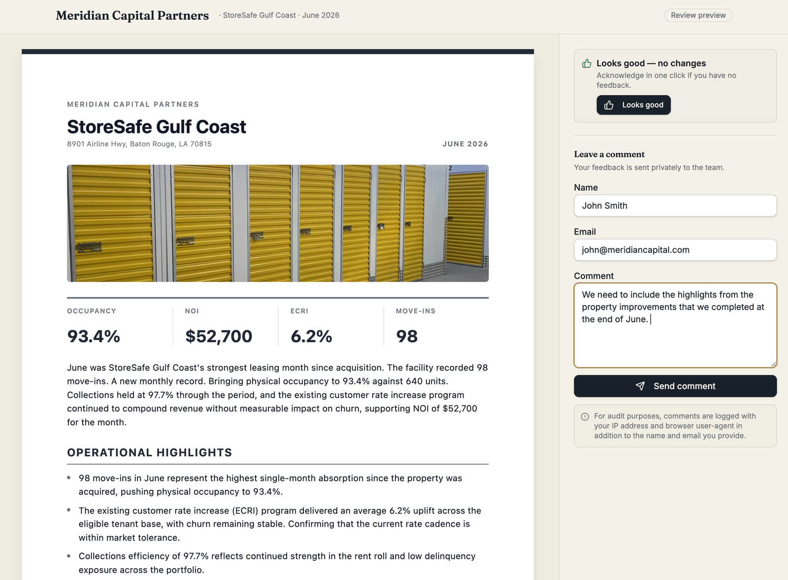 Foldout review page with the investor comment panel