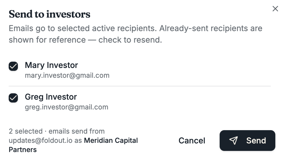 Foldout send-to-investors dialog
