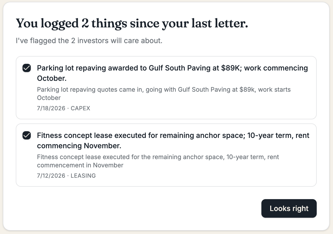 Foldout showing the notes you logged since your last letter, ready to fold into the update